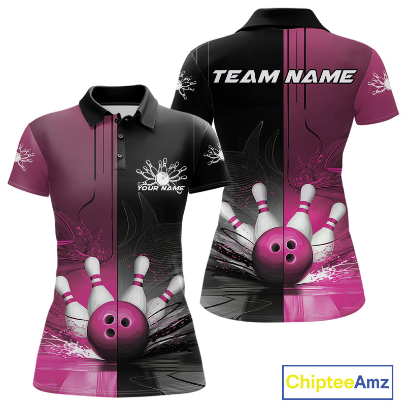 Half Black Half Pink Custom Bowling Team Polo Shirts For Women, Bowling Tournament Shirt IPHW9447