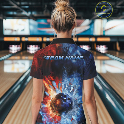 Custom Red Fire Blue Water Explosion Bowling Team Polo Shirts For Women, Bowling Uniform IPHW9448