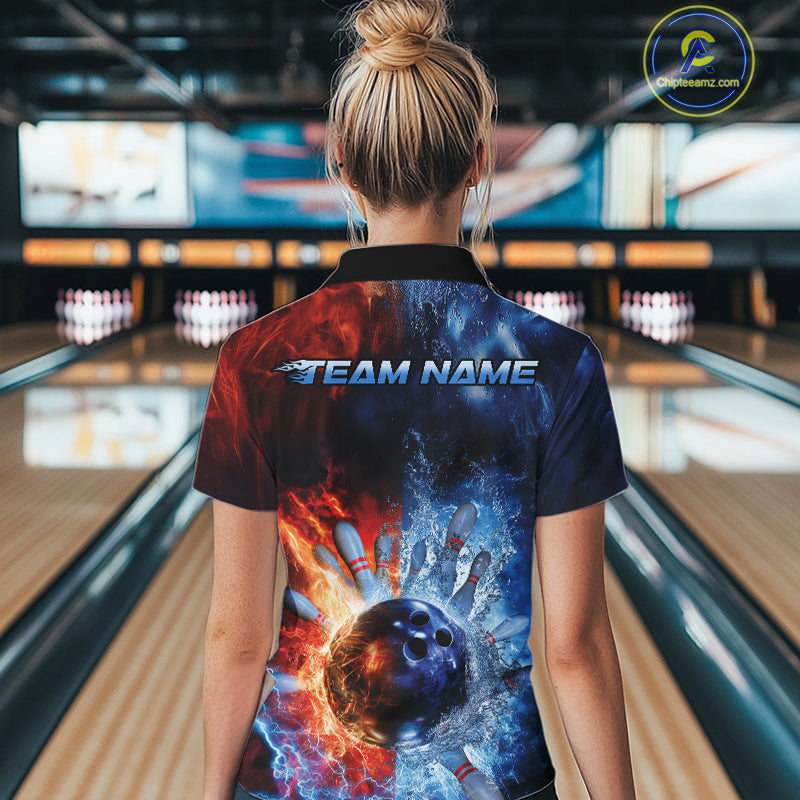 Custom Red Fire Blue Water Explosion Bowling Team Women Quarter-Zip Shirt Uniform IPHW9448