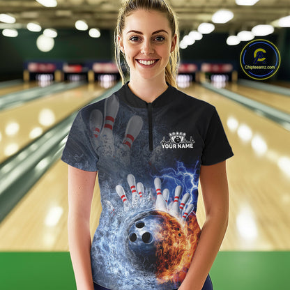 Custom Lightning, Fire And Water Splash Energy Burst Bowling Team Women Quarter-Zip Shirt IPHW9451