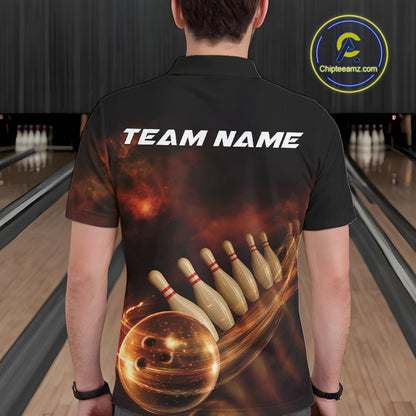 Custom Black And Gold Fire Energy Streaks Bowling Team Men Polo Shirts, Bowling Uniform IPHW9453