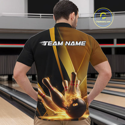 Custom Black And Glowing Gold Bowling Team Men Quarter-Zip Shirts, Golden Bowling Jerseys IPHW9454