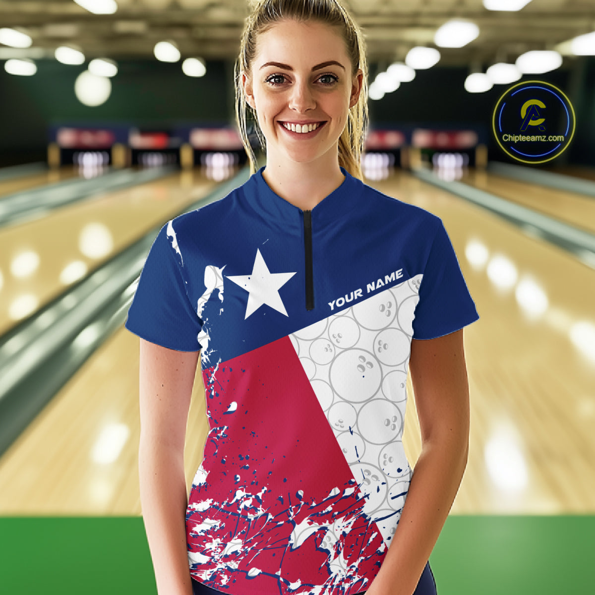 Custom Texas Flag Bowling Women Quarter-Zip Shirts, Bowling League Shirt Team Uniform IPHW9632