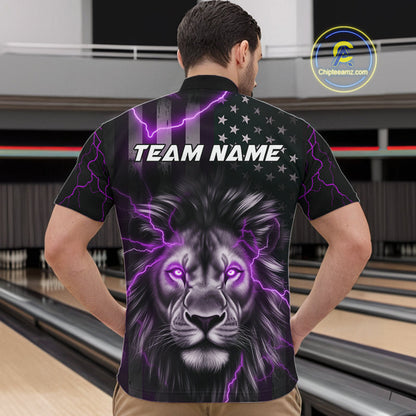 Custom Purple Thunder Lightning Patriotic Lion Quarter-Zip Shirt For Men, US Flag Bowling Jerseys IPHW9324