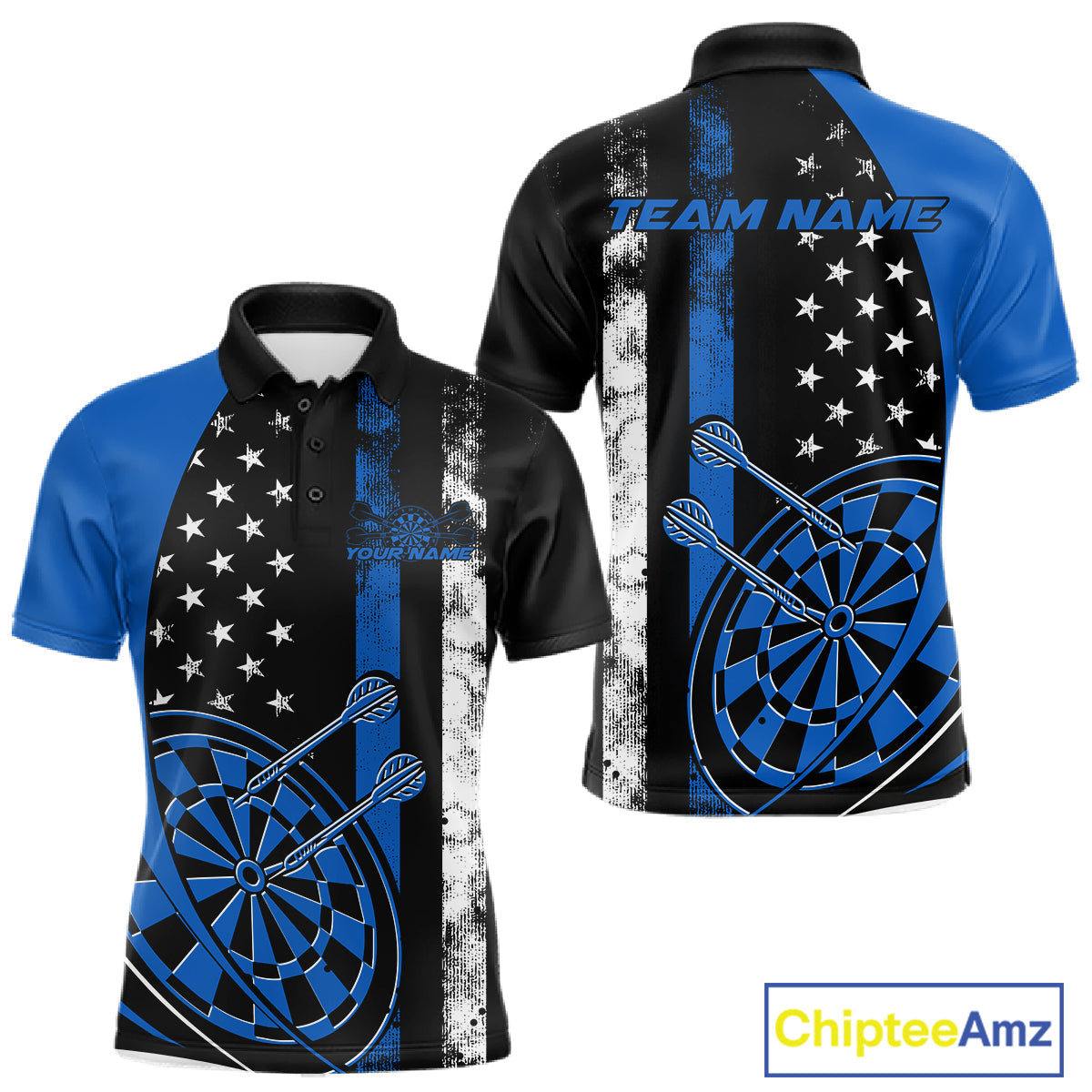 Custom Blue Thin Line US Flag Patriotic Dartboard Dart Men Polo Team Shirts, Dart Jerseys IPHW9645