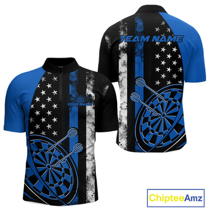 Custom Blue Thin Line US Flag Patriotic Dartboard Dart Men Quarter-Zip Team Shirts, Dart Jerseys IPHW9645