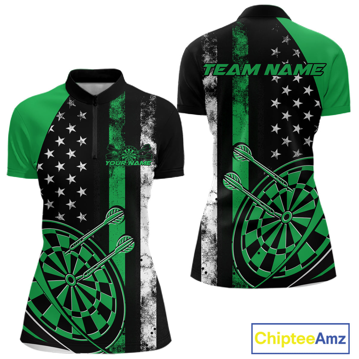 Custom Green Thin Line US Flag Patriotic Dartboard Dart Women Quarter-Zip Team Shirts IPHW9646