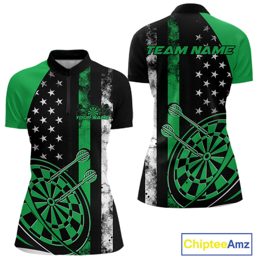 Custom Green Thin Line US Flag Patriotic Dartboard Dart Women Quarter-Zip Team Shirts IPHW9646
