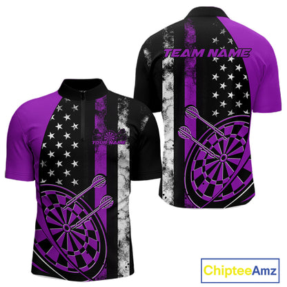 Custom Purple Thin Line US Flag Patriotic Dartboard Dart Men Quarter-Zip Team Shirts, Dart Jersey IPHW9647