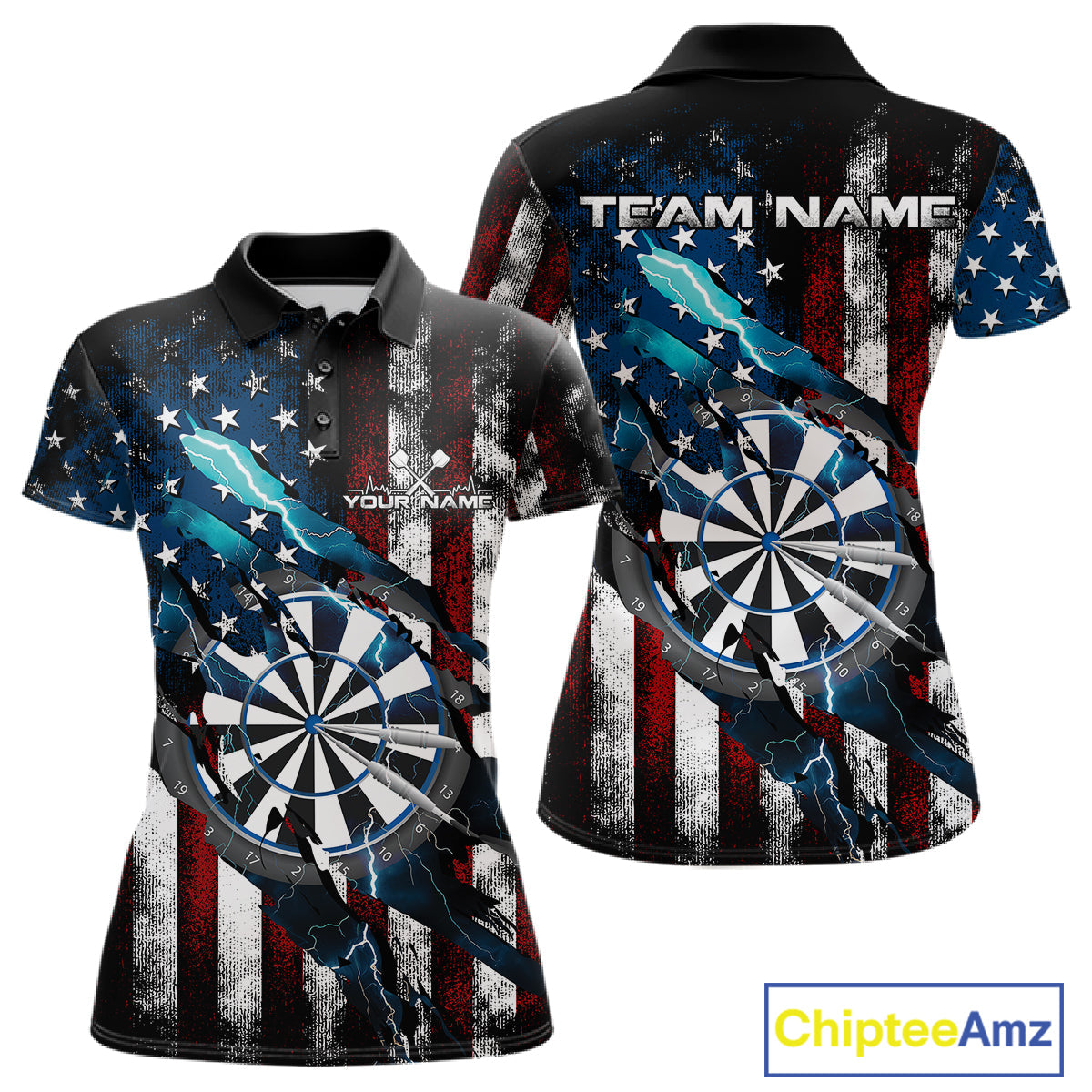Custom Blue Thunder Lightning Patriotic Dart Women Polo Shirts, Vintage Dart Jerseys IPHW9651