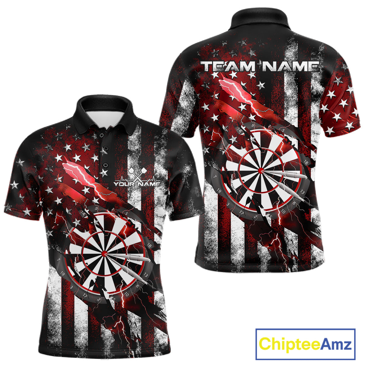 Custom Red Thunder Lightning Patriotic Dart Men Polo Shirts, Vintage Dart Jerseys IPHW9652