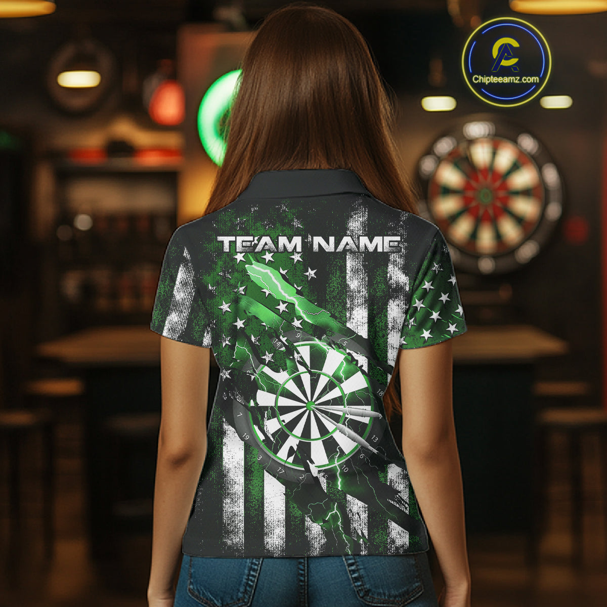 Custom Green Thunder Lightning Patriotic Dart Women Polo Shirts, Vintage Dart Jerseys IPHW9654