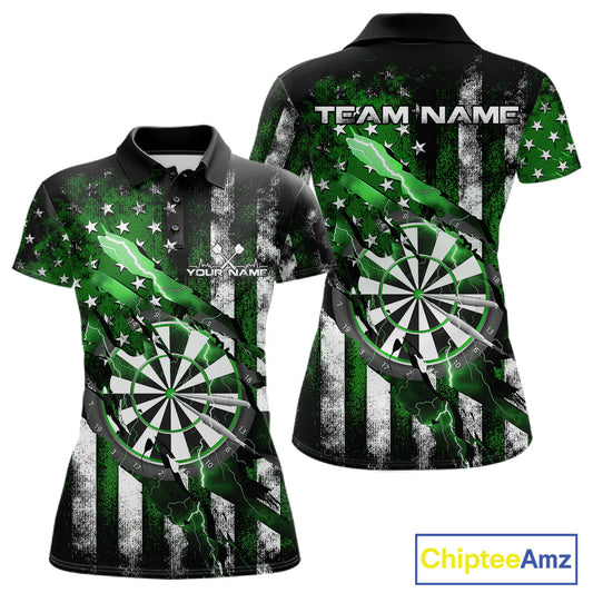 Custom Green Thunder Lightning Patriotic Dart Women Polo Shirts, Vintage Dart Jerseys IPHW9654