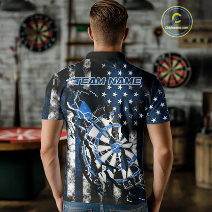Custom Blue Thunder Lightning Patriotic Dart Team Polo Shirts For Men, Dart Jerseys IPHW9657