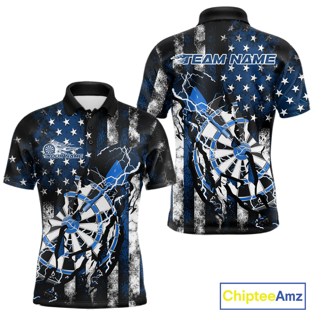Custom Blue Thunder Lightning Patriotic Dart Team Polo Shirts For Men, Dart Jerseys IPHW9657