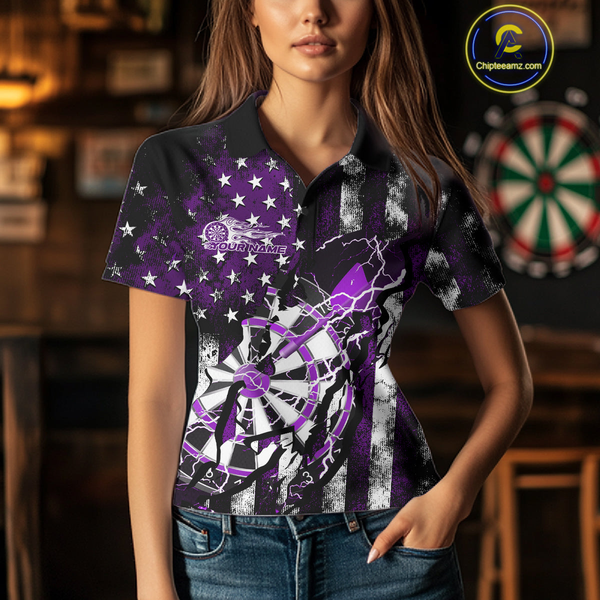 Custom Purple Thunder Lightning Patriotic Dart Team Polo Shirts For Women, Dart Jerseys IPHW9658