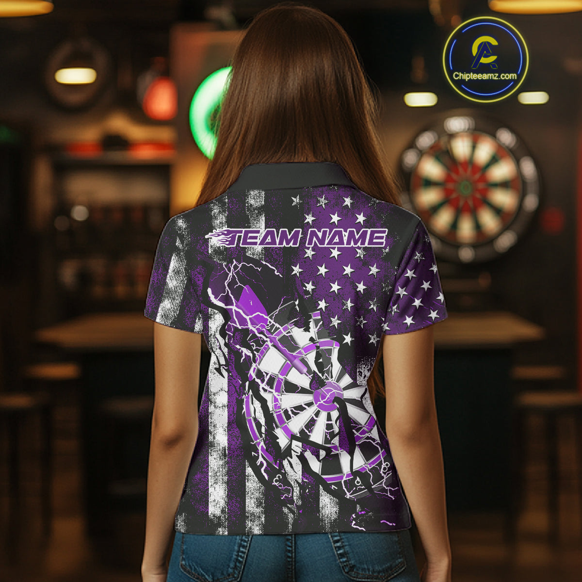 Custom Purple Thunder Lightning Patriotic Dart Team Polo Shirts For Women, Dart Jerseys IPHW9658