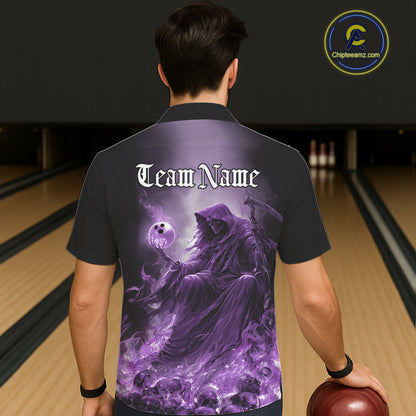 Custom Purple Flame Grim Reaper Bowling Men And Women Hawaiian Shirts, Halloween Bowling Team Outfit IPHW9468