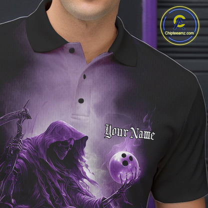 Custom Purple Flame Grim Reaper Bowling Men Polo Shirts, Halloween Bowling Team Outfit IPHW9468