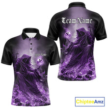 Load image into Gallery viewer, Custom Purple Flame Grim Reaper Bowling Men Polo Shirts, Halloween Bowling Team Outfit IPHW9468