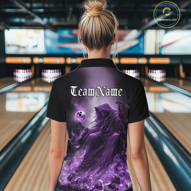 Custom Purple Flame Grim Reaper Bowling Women Quarter-Zip Shirt, Halloween Bowling Outfit IPHW9468