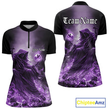 Load image into Gallery viewer, Custom Purple Flame Grim Reaper Bowling Women Quarter-Zip Shirt, Halloween Bowling Outfit IPHW9468