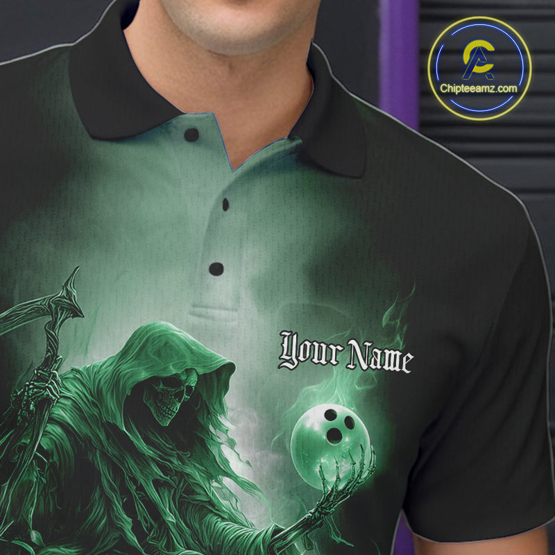 Custom Green Flame Grim Reaper Bowling Men Polo Shirts, Halloween Bowling Team Outfit IPHW9469