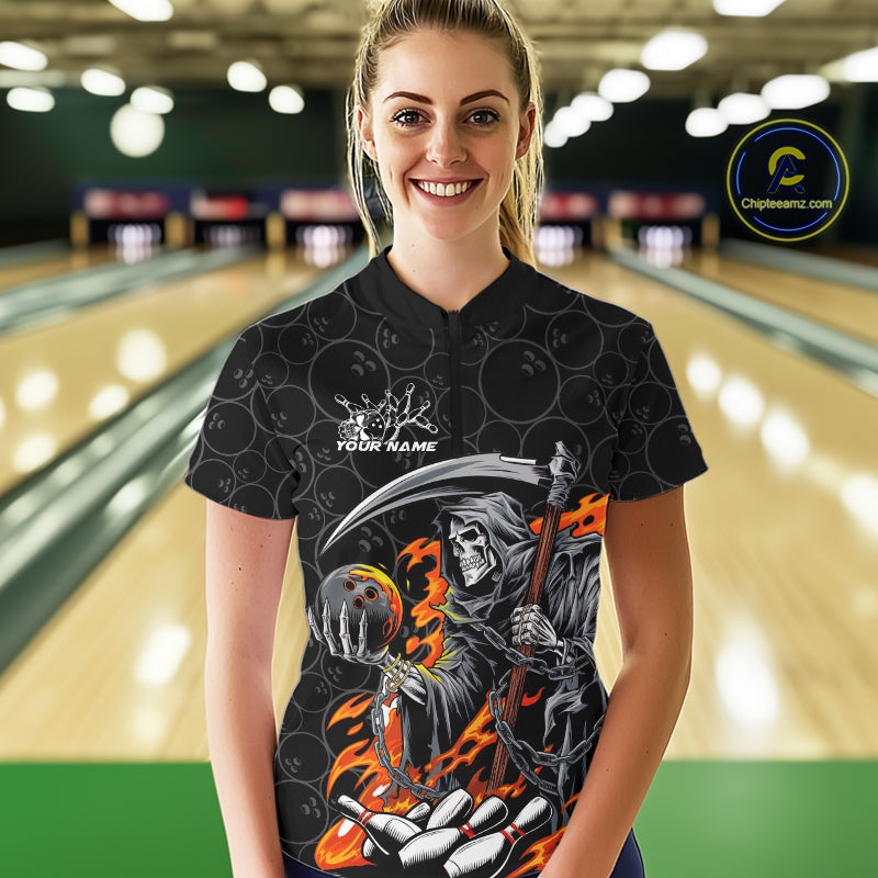 Custom Chaotic Flame Grim Reaper Bowling Women Quarter-Zip Shirt, Halloween Bowling Shirt IPHW9473