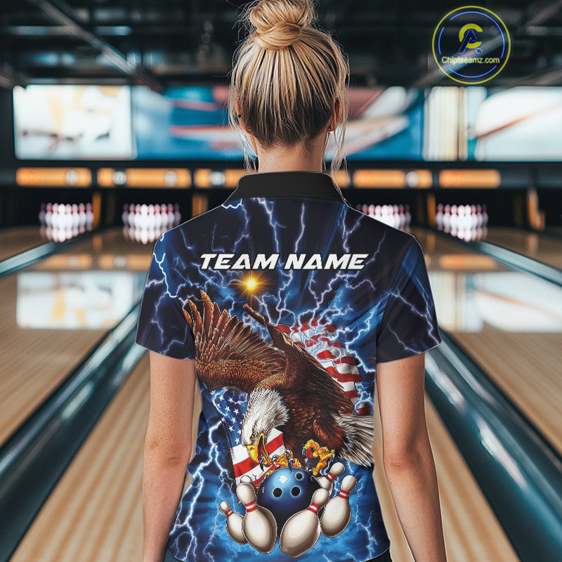 Custom Blue Lightning US Flag Eagle Bowling Team Polo Shirts For Women, Patriotic Bowling IPHW9477