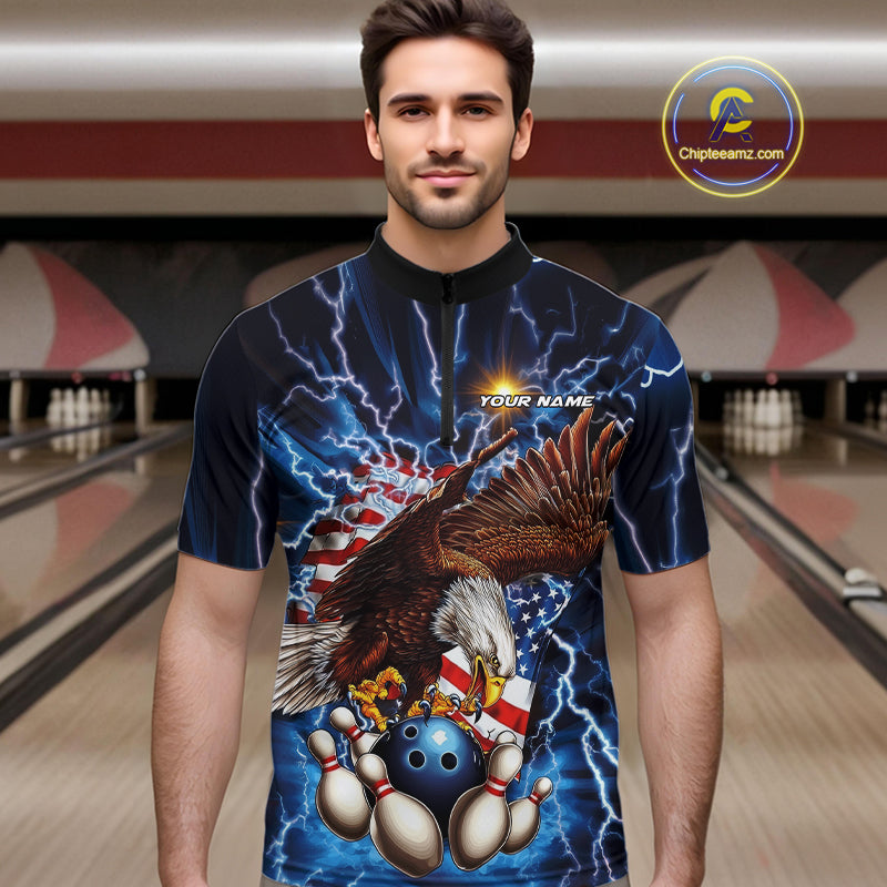 Custom Blue Lightning US Flag Eagle Bowling Team Quarter-Zip Shirts For Men, Patriotic Bowling IPHW9477