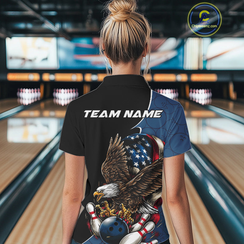 Custom American Flag Eagle Bowling Women Polo Shirts, Patriotic US Bowling League Shirt IPHW9478