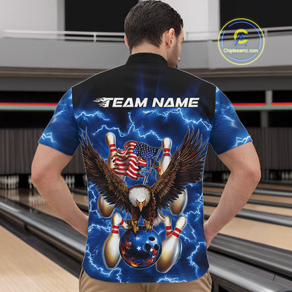Custom Blue Lightning US Flag Eagle Bowling Team Quarter-Zip Shirts For Men, Patriotic Bowling IPHW9479