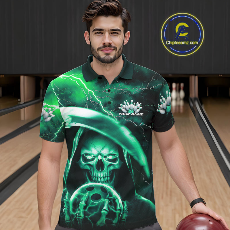 Custom Green Thunder Lightning Grim Reaper Skull Halloween Bowling Polo Shirts For Men IPHW9852