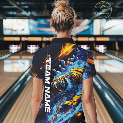 Custom Blue Fire Flame Tiger Bowling Team Polo Shirts For Women, Tiger Bowling Jerseys IPHW9482