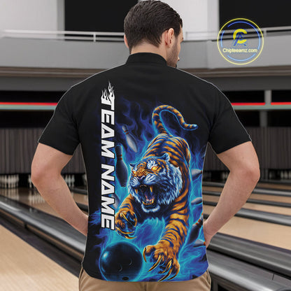 Custom Blue Fire Flame Tiger Bowling Team Quarter-Zip Shirts For Men, Tiger Bowling Jerseys IPHW9485