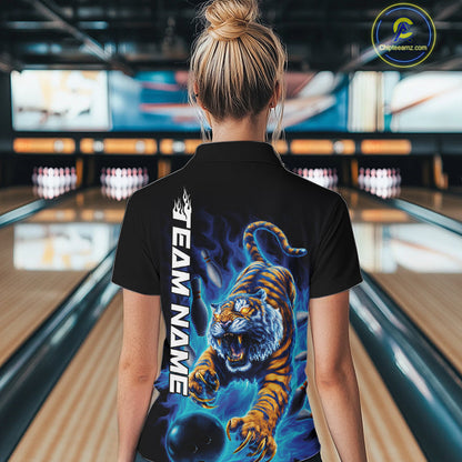 Custom Blue Fire Flame Tiger Bowling Team Women Quarter-Zip Shirts, Tiger Bowling Jerseys IPHW9485