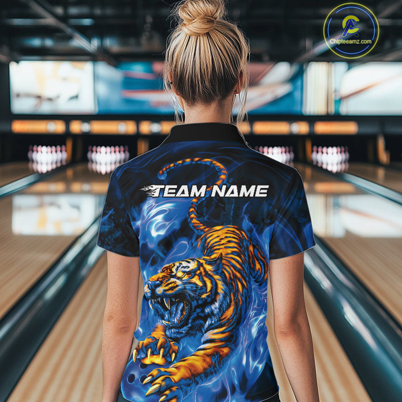 Custom Blue Fire Flame Tiger Bowling Team Women Quarter-Zip Shirts, Tiger Bowling Jerseys IPHW9486