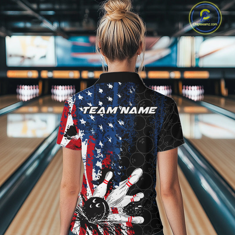 Custom Grunge Vintage American Flag Patriotic Bowling Jerseys, Women Quarter-Zip Shirt IPHW9489