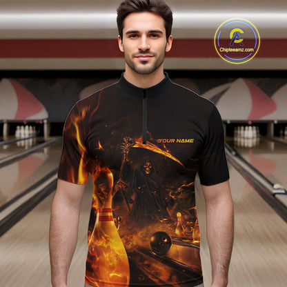 Custom Fire Flame Grim Reaper Bowling Quarter-Zip Shirts For Men, Halloween Bowlers Outfit IPHW9711