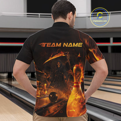 Custom Fire Flame Grim Reaper Bowling Quarter-Zip Shirts For Men, Halloween Bowlers Outfit IPHW9711