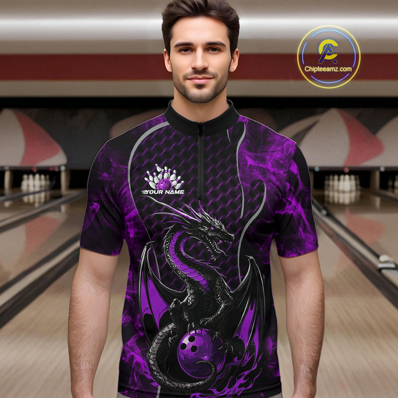 Custom Black And Purple Fire Flame Dragon Bowling Men Quarter-Zip Shirt, Dragon Bowling Jersey IPHW9865