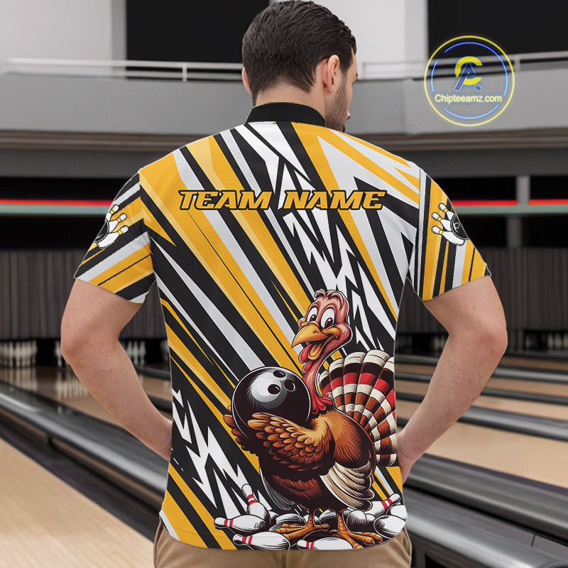Custom Yellow Funny Thanksgiving Turkey Bowling Team Men Quarter-Zip Shirts, Bowling Jerseys IPHW9720