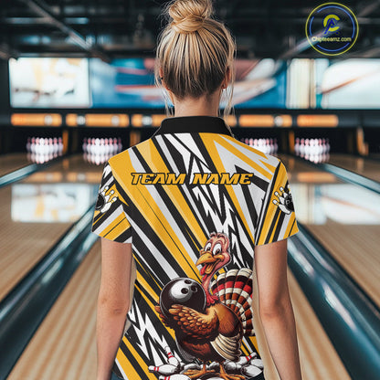Custom Yellow Funny Thanksgiving Turkey Bowling Women Quarter-Zip Shirts, Bowling Jerseys IPHW9720