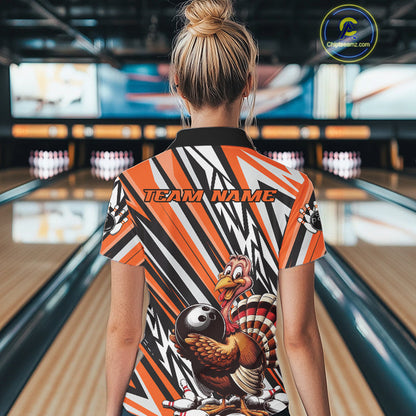 Custom Orange Funny Thanksgiving Turkey Bowling Team Women Polo Shirts, Bowling Jerseys IPHW9721