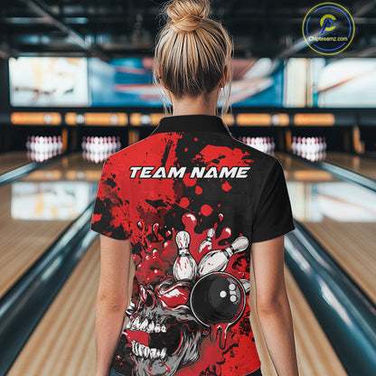 Custom Black And Red Splatter Skull Bowling Women Quarter-Zip Shirt, Halloween Bowler IPHW9725