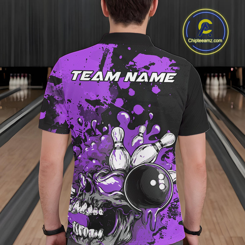 Custom Black And Purple Splatter Skull Bowling Team Men Polo Shirt, Halloween Outfit IPHW9726