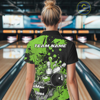 Custom Black And Green Splatter Skull Bowling Team Women Polo Shirt, Halloween Outfit IPHW9728