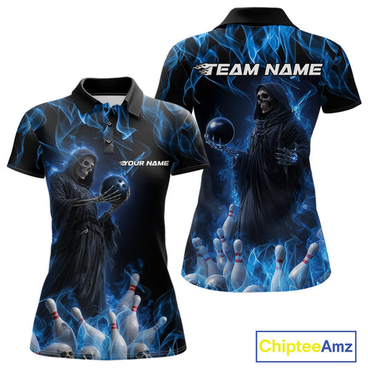 Custom Blue Flame Grim Reaper Bowling Polo Shirts For Women, Halloween Bowling Outfit IPHW9729