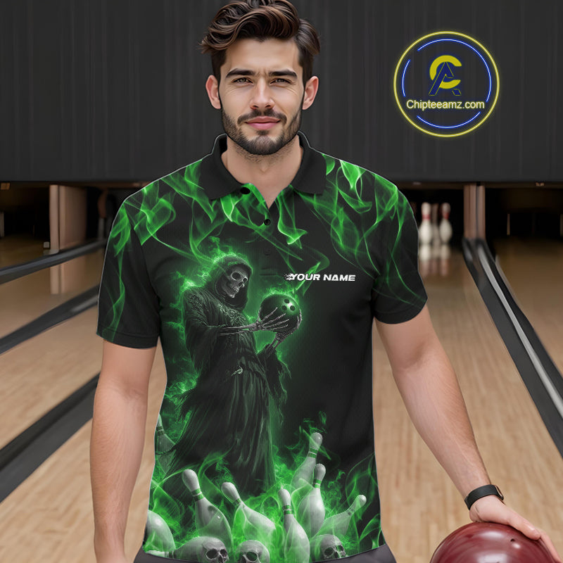 Custom Green Flame Grim Reaper Bowling Polo Shirts For Men, Halloween Bowling Outfit IPHW9731