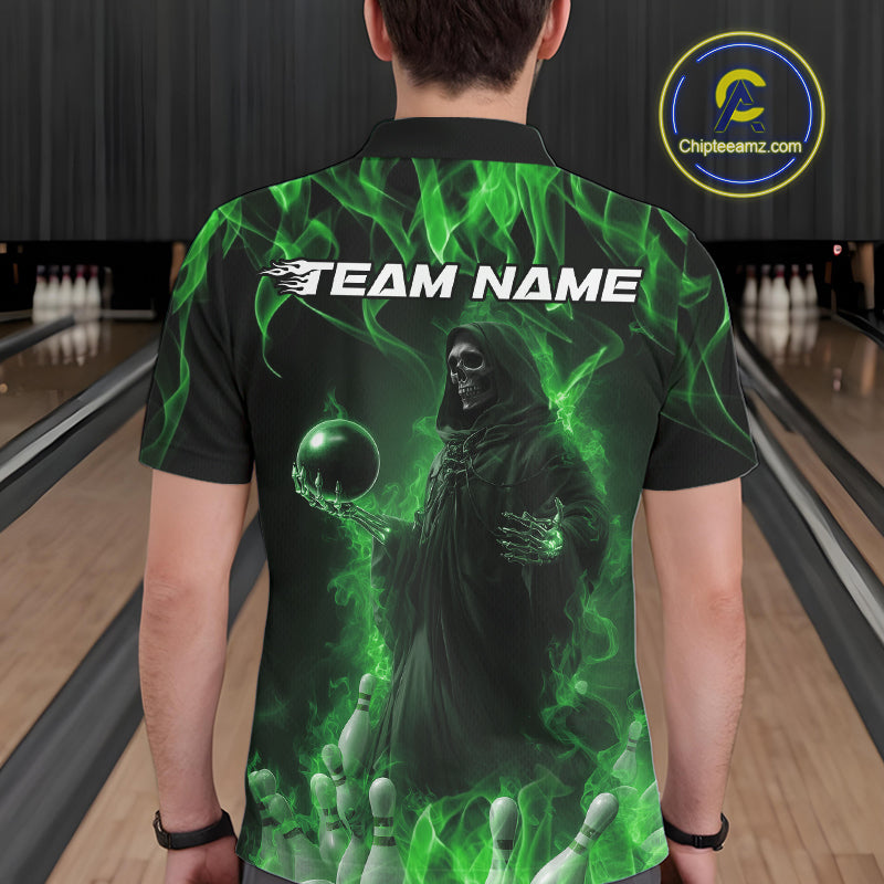 Custom Green Flame Grim Reaper Bowling Polo Shirts For Men, Halloween Bowling Outfit IPHW9731